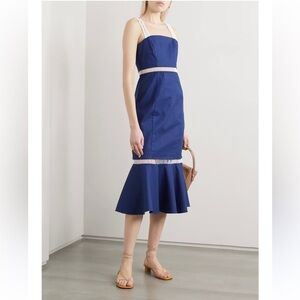 STAUD Blue Lychee Lace Eyelet Trim Flounce Sheath Linen Blend Dress Size 6